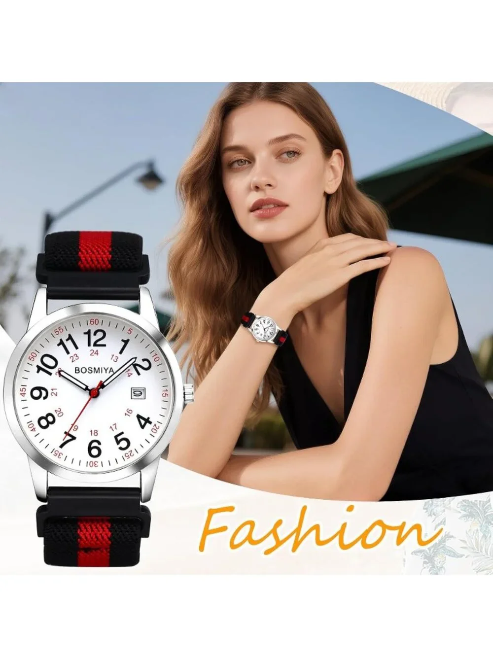Women's White Red Quartz Analog Nylon Strap Elastic Band Date Wrist Watches